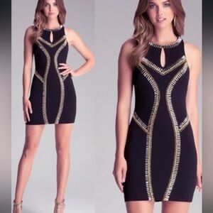 Bebe Black Sequin Gold Bead Embellished Raceback Stud Club Mini Dress Sz S